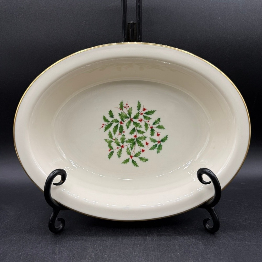 Vintage Lenox Holiday 9.5" Serving Bowl Oval Holly Berry Gold Trim Dimensions